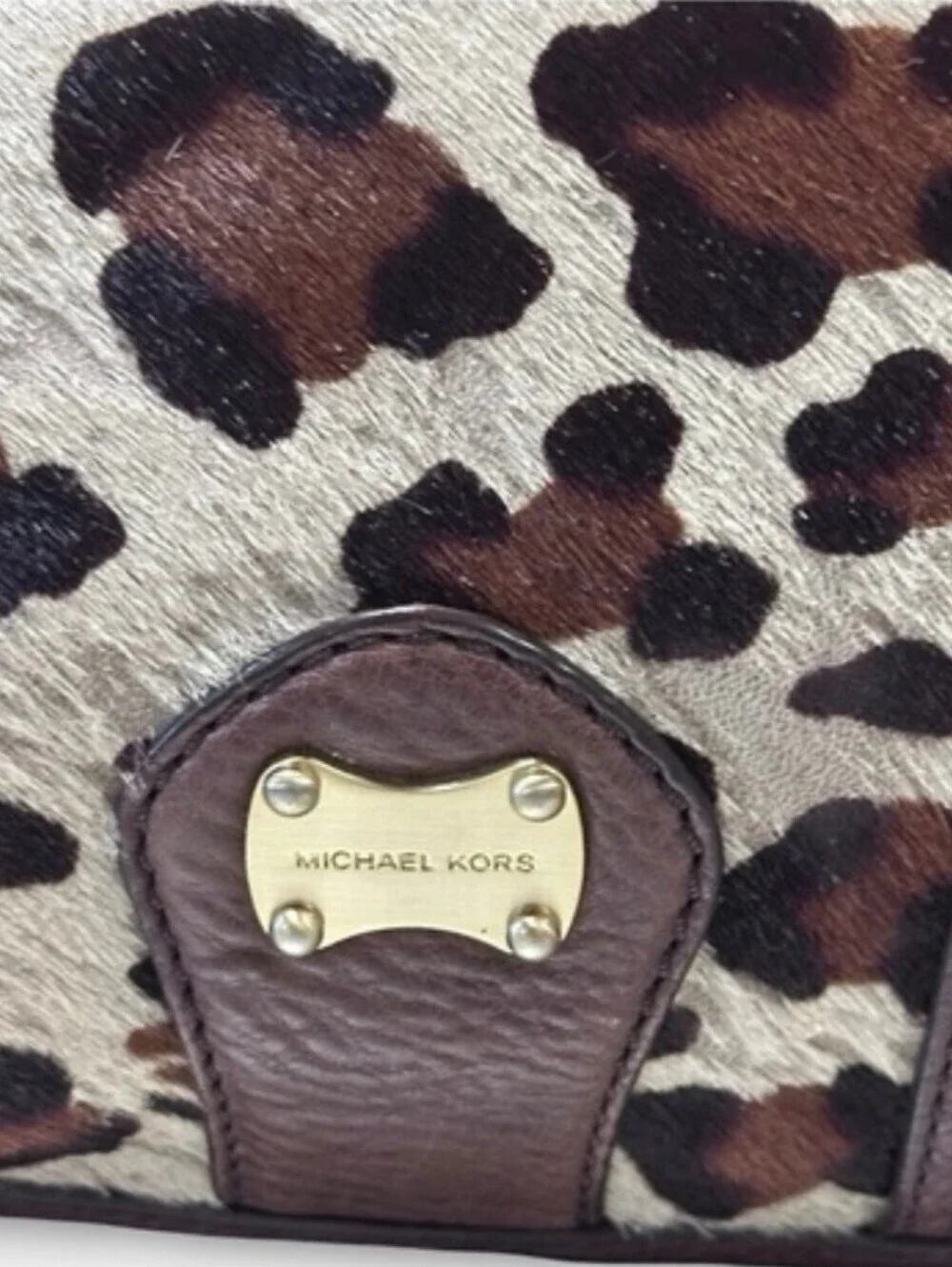 Michael Kors Leopard Print Calf Hair Hobo Bag Brown Leather Shoulder Purse